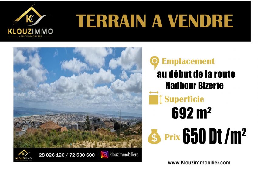 Un Lot De 692 m² Au Début De la route Nadhour Bizerte .