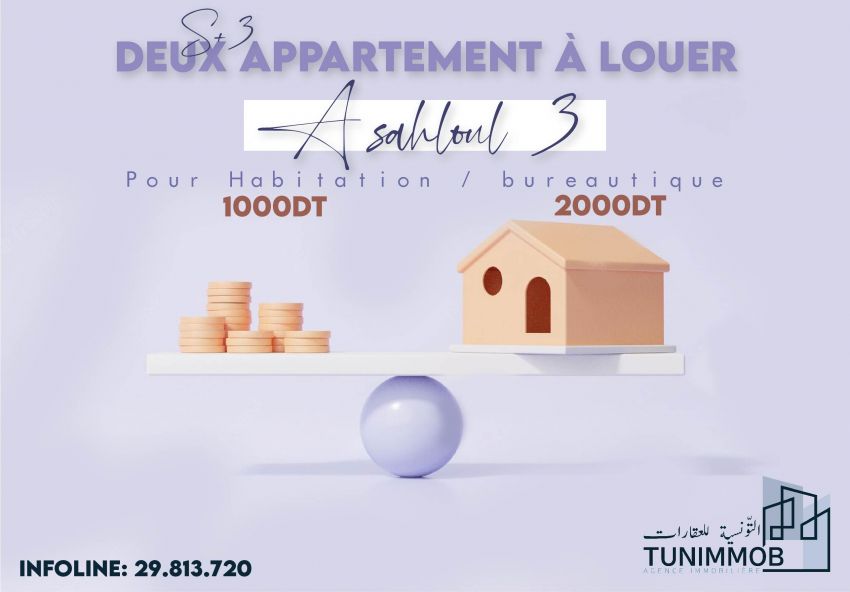 A #louer  #appartement 2S+3 à sahloul 3