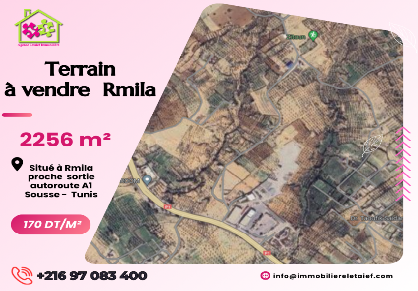 Terrain de 2256 m² a rmila proche  sortie  autoroute A1 Sousse -  Tunis.