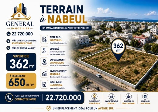 terrain à À Vendre à NABEUL - Terrain de 218 m² à Mrazka – Viabilisé avec Titre