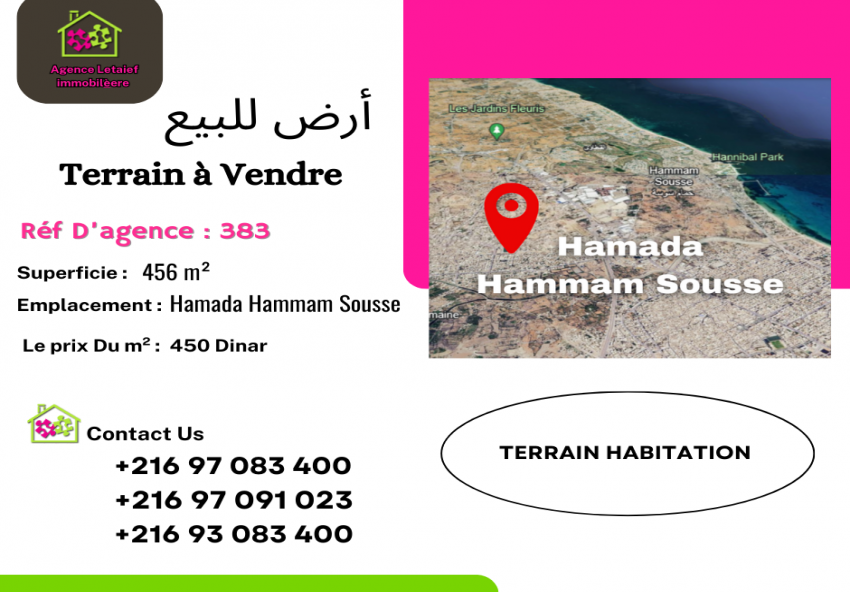 RéfTH383Terrainde456m2àHamadaHammamSousse🔥