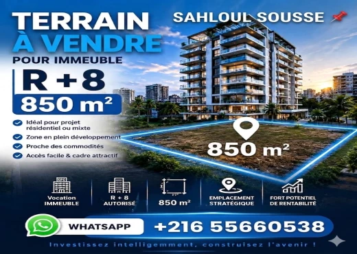 terrain à À Vendre à SOUSSE - Terrain stratégique de 850 m²