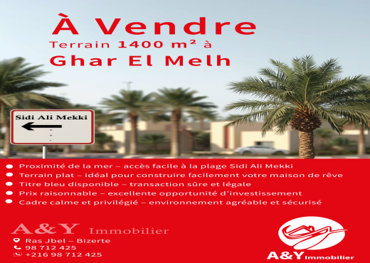 Terrain 1 400 m² à Ghar El Melh 🏝️