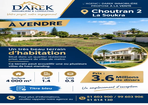 terrain À Vendre à ARIANA - Super terrain 4000m² à choutrana2 - Immobiliere.tn