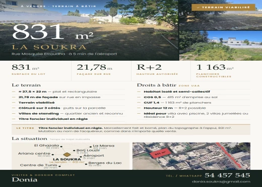 terrain À Vendre à ARIANA - TERRAIN À BÂTIR — 831 m² LA SOUKRA - Immobiliere.tn - Photo 3