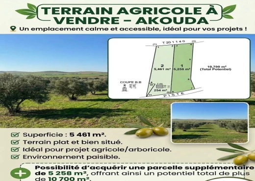 terrain À Vendre à SOUSSE - TERRAIN AGRICOLE À VENDRE AKOUDA - Immobiliere.tn