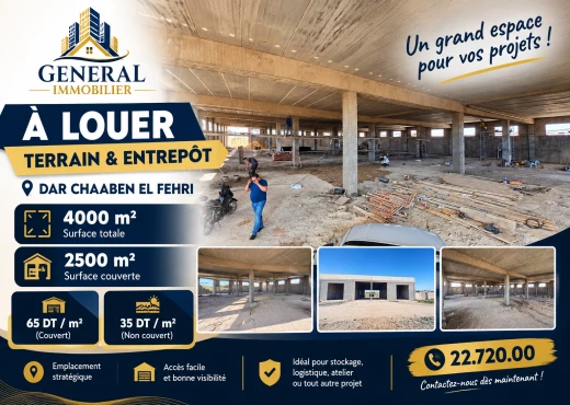 local industriel à À Louer à NABEUL - À Louer – Terrain & Entrepôt de 4000 m²