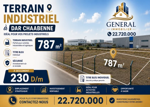 terrain à À Vendre à NABEUL - Terrain Industriel à Vendre à Dar Chaâbenne – 787