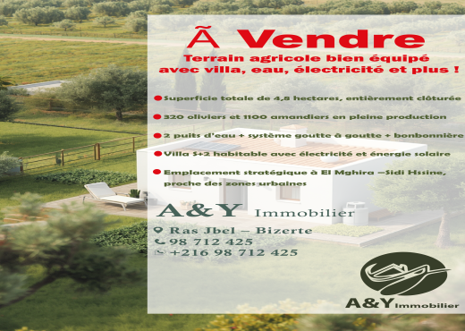 🏡 Terrain agricole bien équipé avec villa