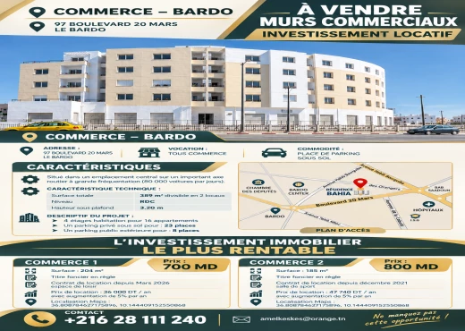 local commercial à À Vendre à TUNIS - 2 locaux commerciaux au bardo